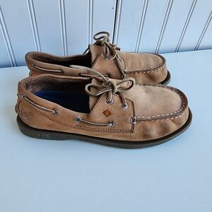 Sperry Tan Brown Leather Upper Boys Boat Shoe Lace Up Top Sider US 3.5 M